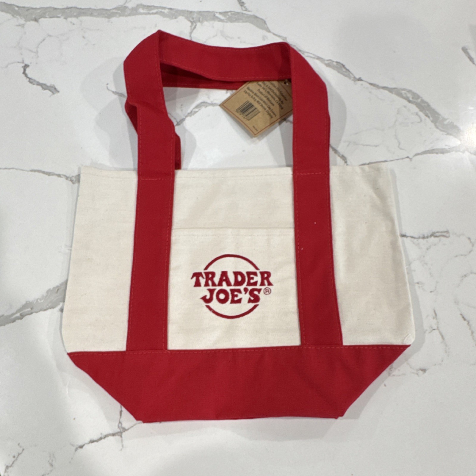 Trader Joe’s Reusable Canvas Shopping Tote Bag Red & Beige Solid Pattern Grocery