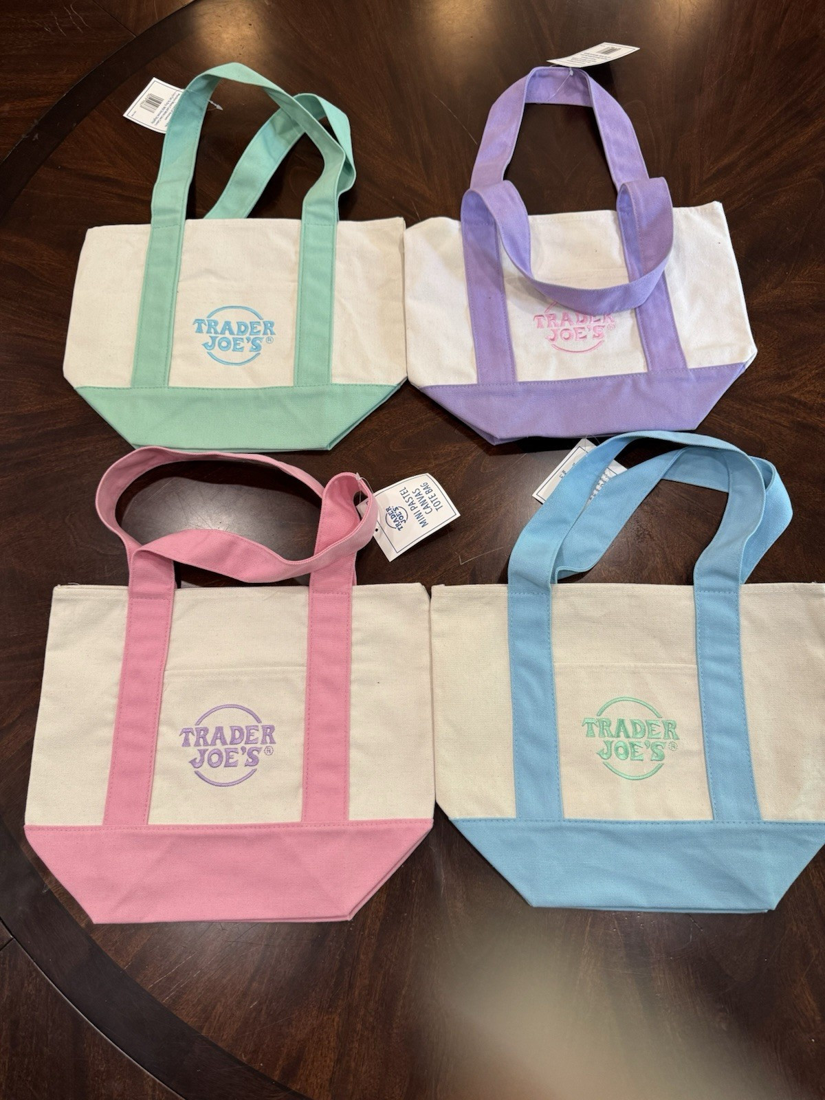 Trader Joe’s Canvas Tote Bags 4-Pack Logo Multicolor Reusable 13x6x12 in