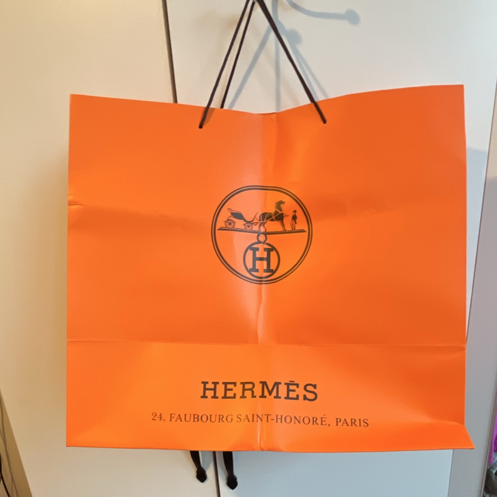 Hermès Orange Logo Paper Shopping Bag w/ Handles Reusable 15in x16in