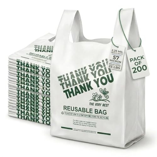 Heavy Duty Reusable Plastic Grocery Bags – 200 Pack, 12″x7″x22″, 55 Micron, Than