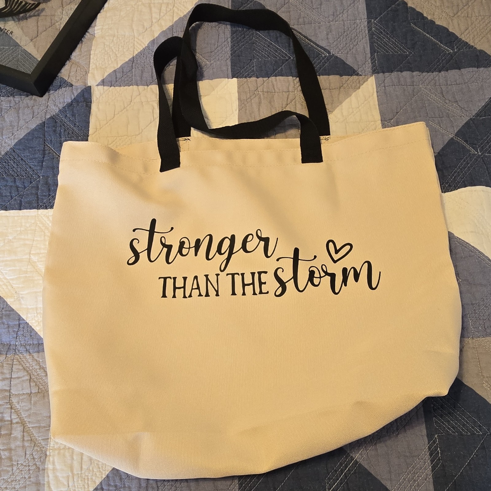 Beige Black Canvas Foldable Tote Bag with Text Pattern and Black Handles