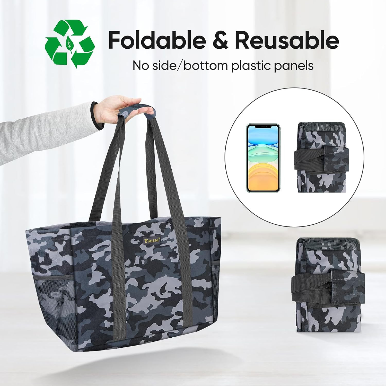 Soft 9 Gallon Extra Large Utility Tote, Foldable Reusable Storage Bag (Grey Camo