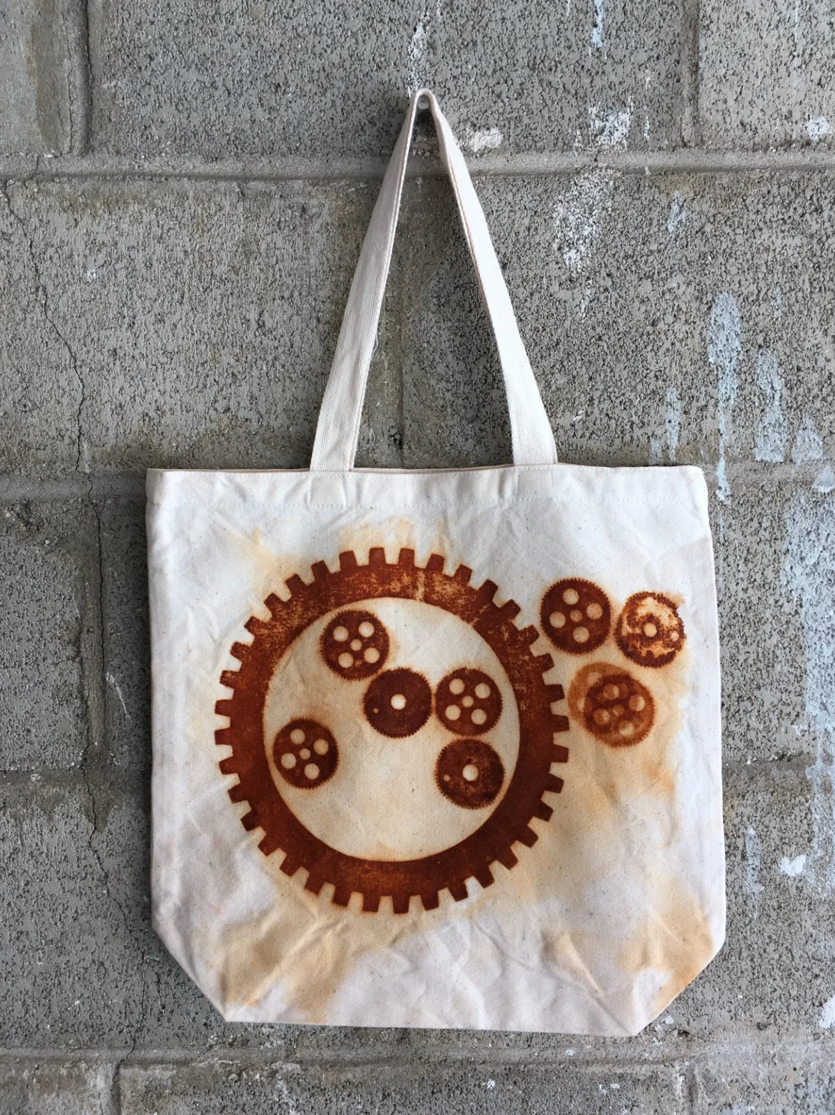 Organic Cotton Farmers Market Tote Bag Rust Dyed Gears Handmade 15×14.25 Large