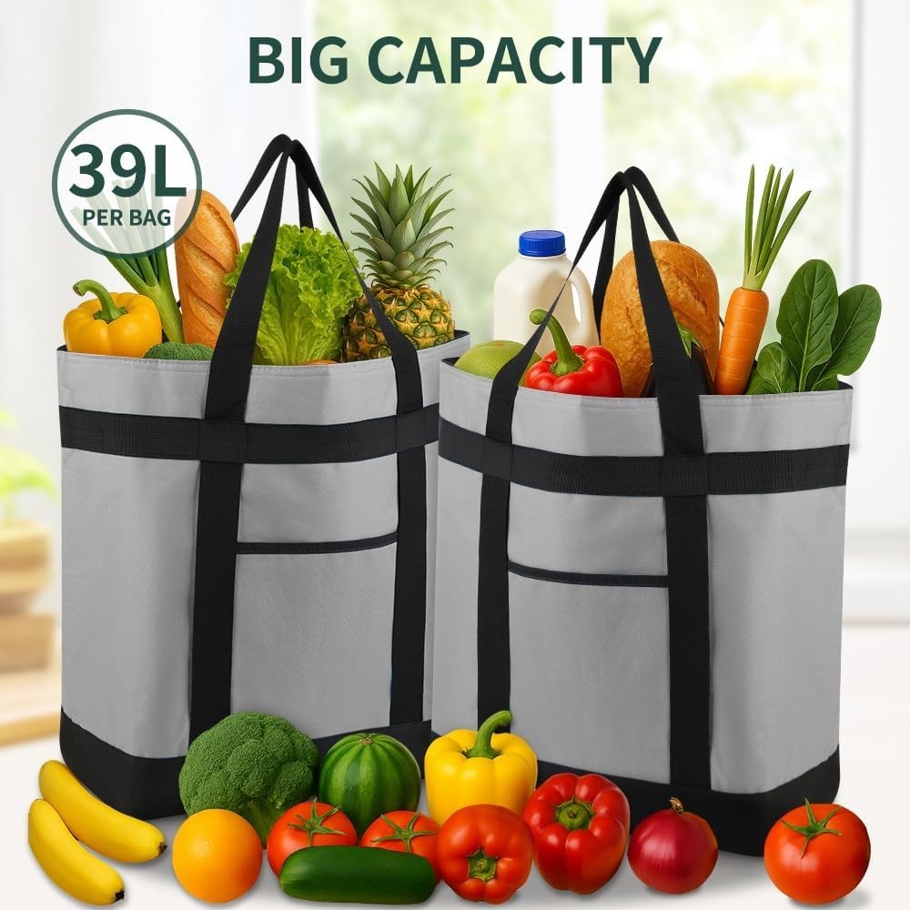 Versatile 39L 2PK Reusable Grocery Bags with Insulation & Side Pockets