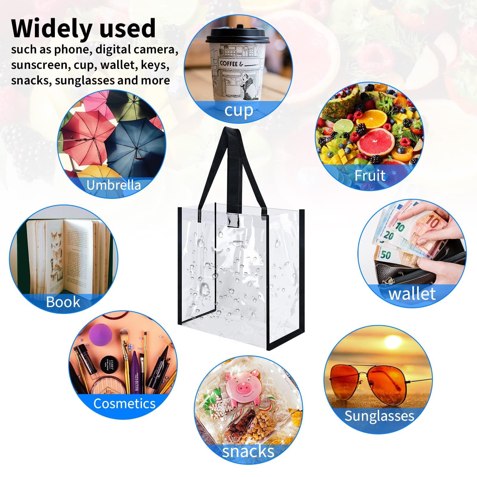 Clear Tote Bags 12x12x6 Inch PVC Plastic Handles Work Stadium Beach Sports
