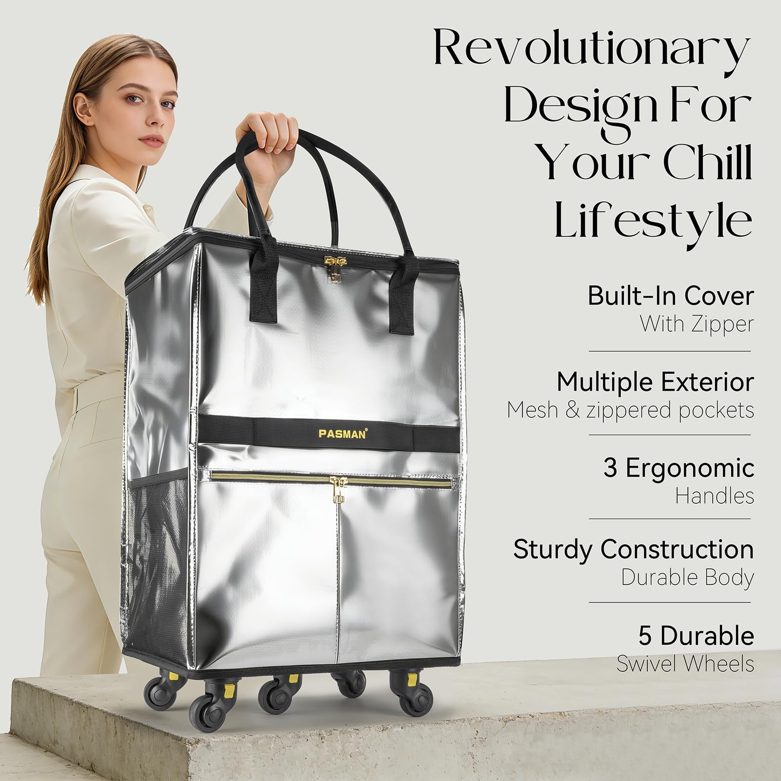 Reusable Grocery Bag on 5 Wheels, Foldable Rolling Tote Bag with Handle and Z…