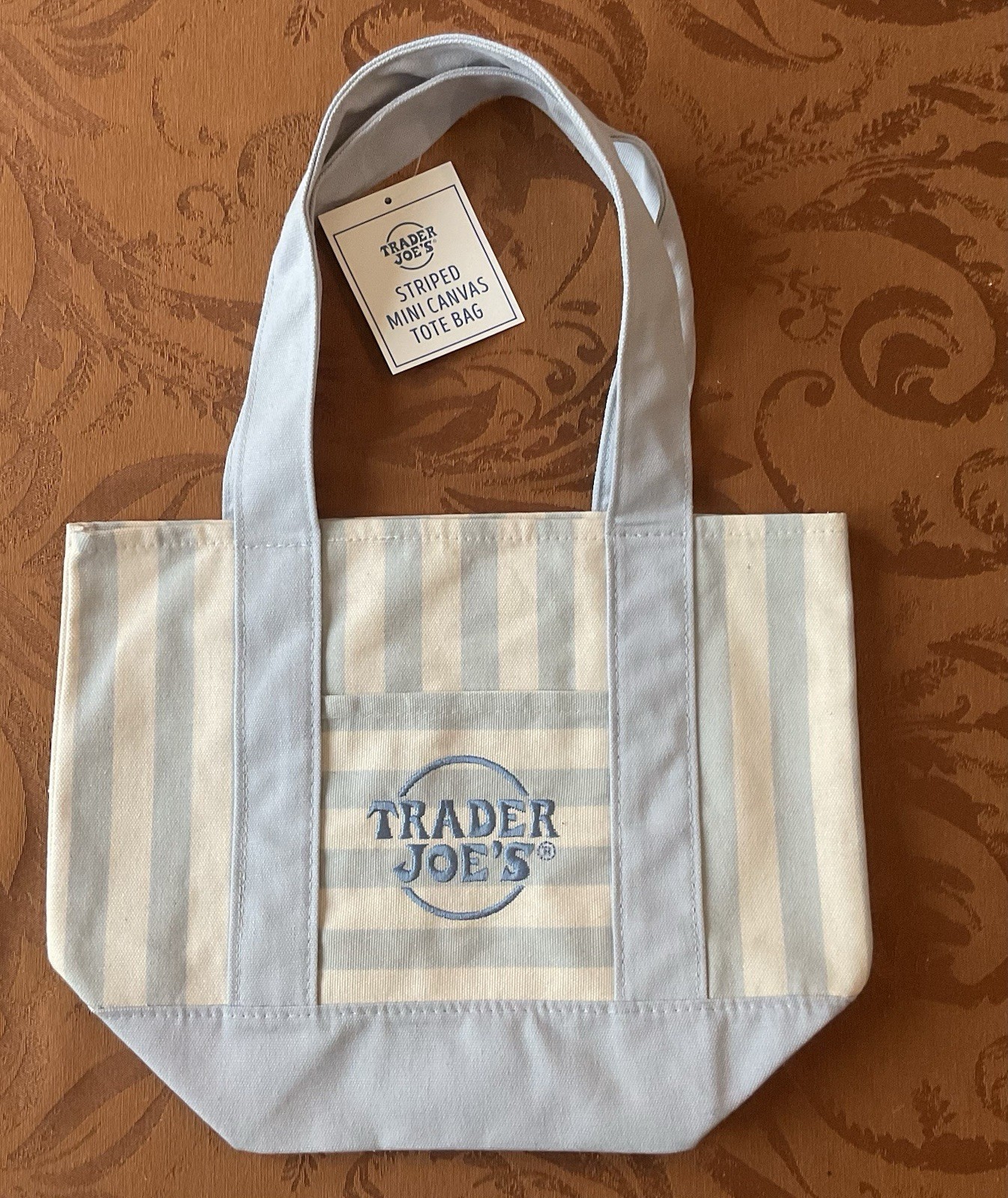 Trader Joe’s Light Blue Striped Canvas Tote Bag Reusable Grocery Shopping NEW