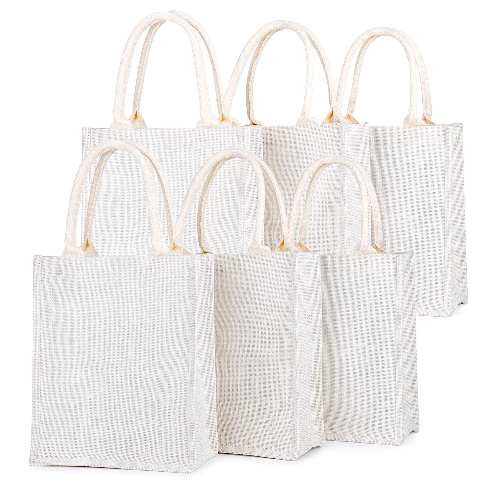 Tote Bags, 6 Pack Small White Burlap Jute Reusable Canvas Gift Favors Bag wit…
