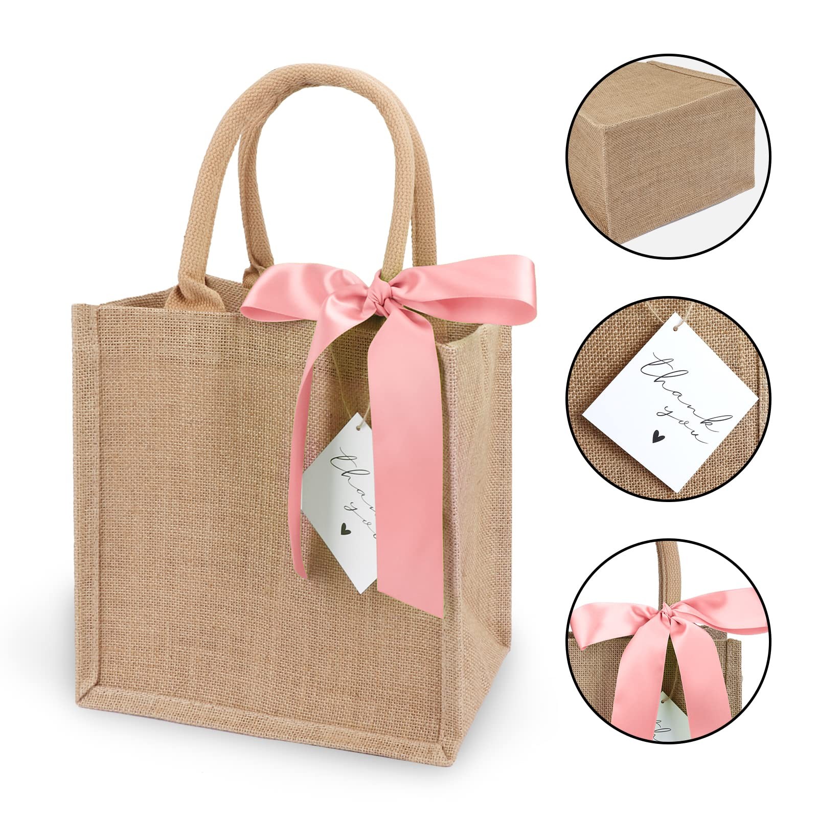6 Pack Burlap Tote Bags with Handles Reusable Small Jute Gift Bags with Pink …