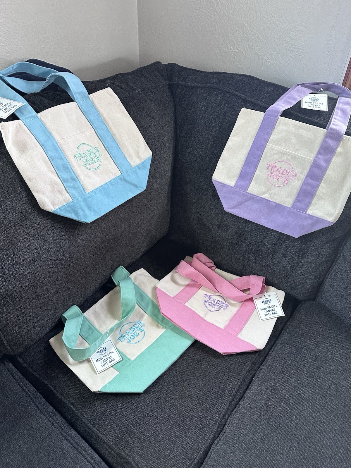 Trader Joe’s Mini Foldable Canvas Tote Bags Blue Purple Pink Green Set of 4