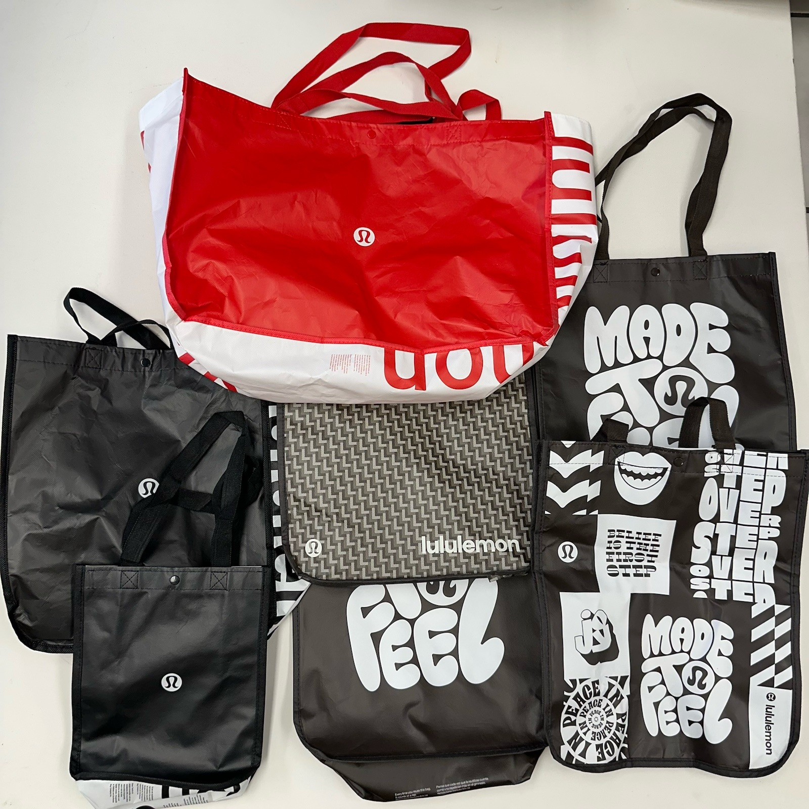 Lot of 7 Lululemon Reuseable Tote Yoga Bags All Sizes Red White Black
