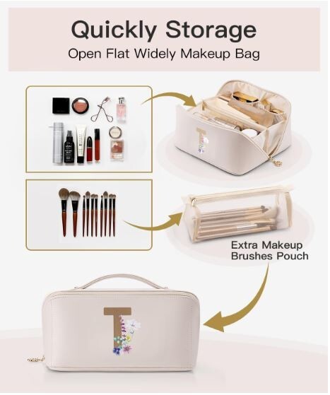 Vlando Large Capacity Travel Cosmetic Makeup Bag, T – Apricot White w/ Flowers