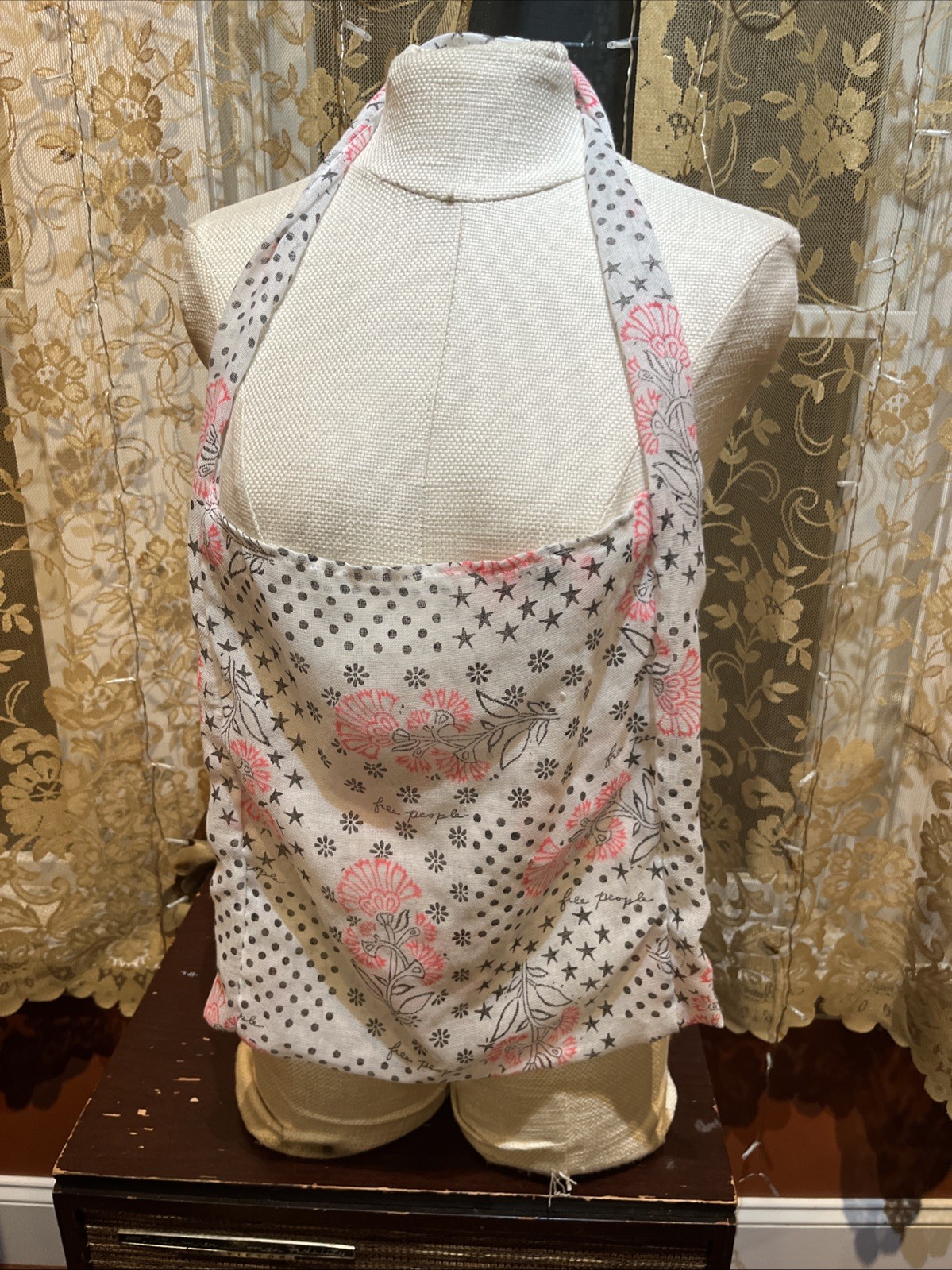 Free People Floral Boho Reusable Shopping Crossbody Tote Bag Muslin Beige Pink S