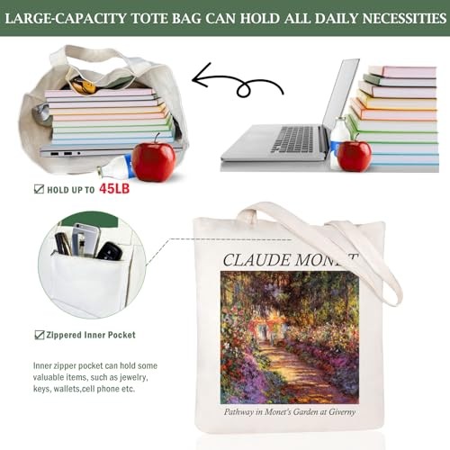 Canvas Tote Bag Aesthetic Cute Vintage Tote Claude Monet_pathway in Garden