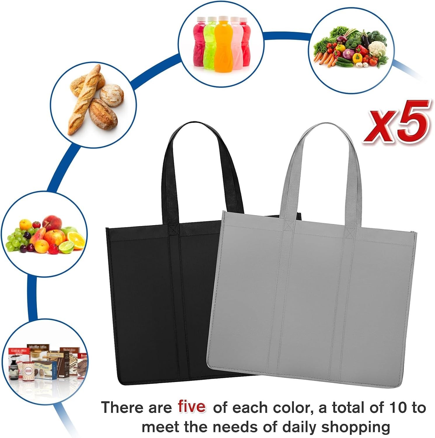 Eco-Friendly Grocery Tote Bags – 10 Large Foldable Bags in Grey & Black