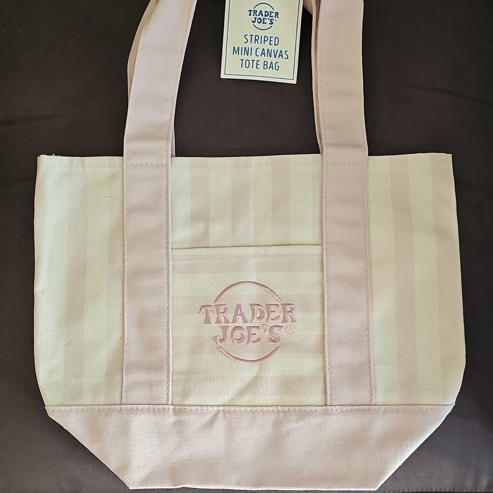 Trader Joe’s Striped Mini Canvas Tote Bag Beige/Pink 13x10x10 in