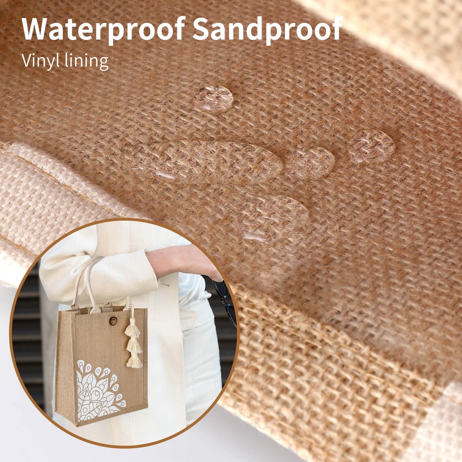 Small Jute Tote Bag for , Waterproof Straw Beach Tote with Tassel, Foldable B…