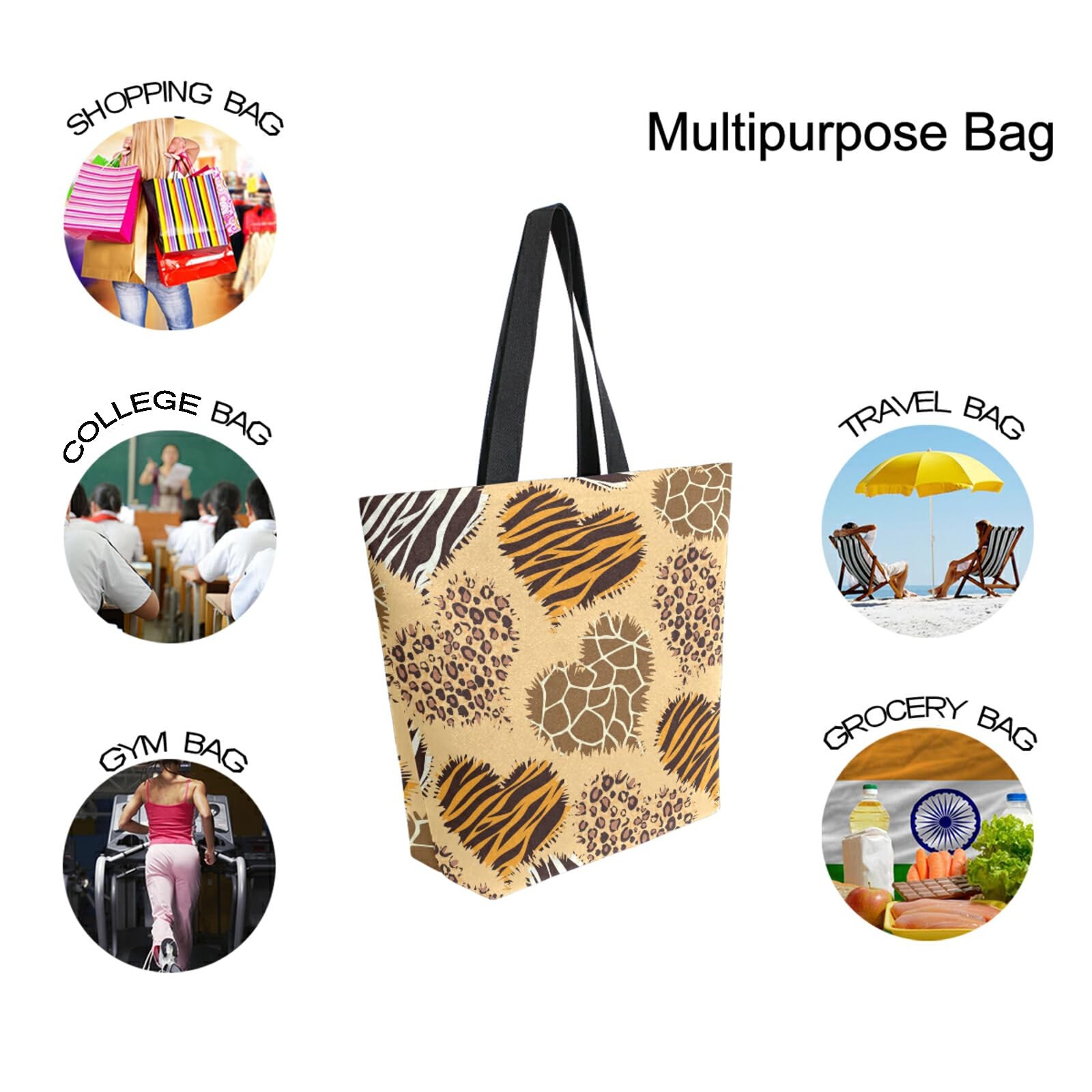 Leopard Giraffe Zebra Print Canvas Tote Bag Large Women Casual Shoulder Bag H…