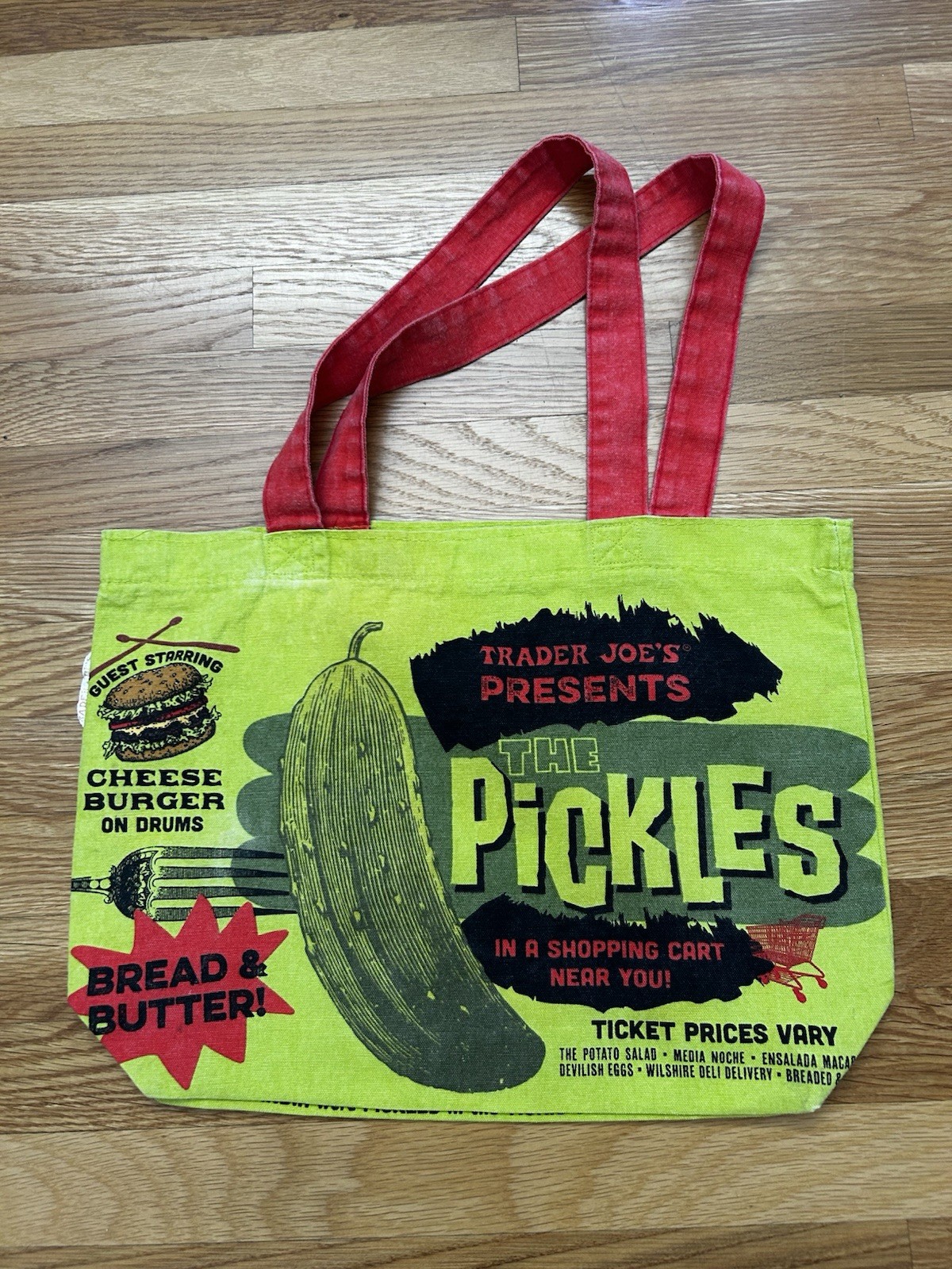 Trader Joes The Pickles Neon Green Made In USA Cotton Reusable Shopping Bag Tote