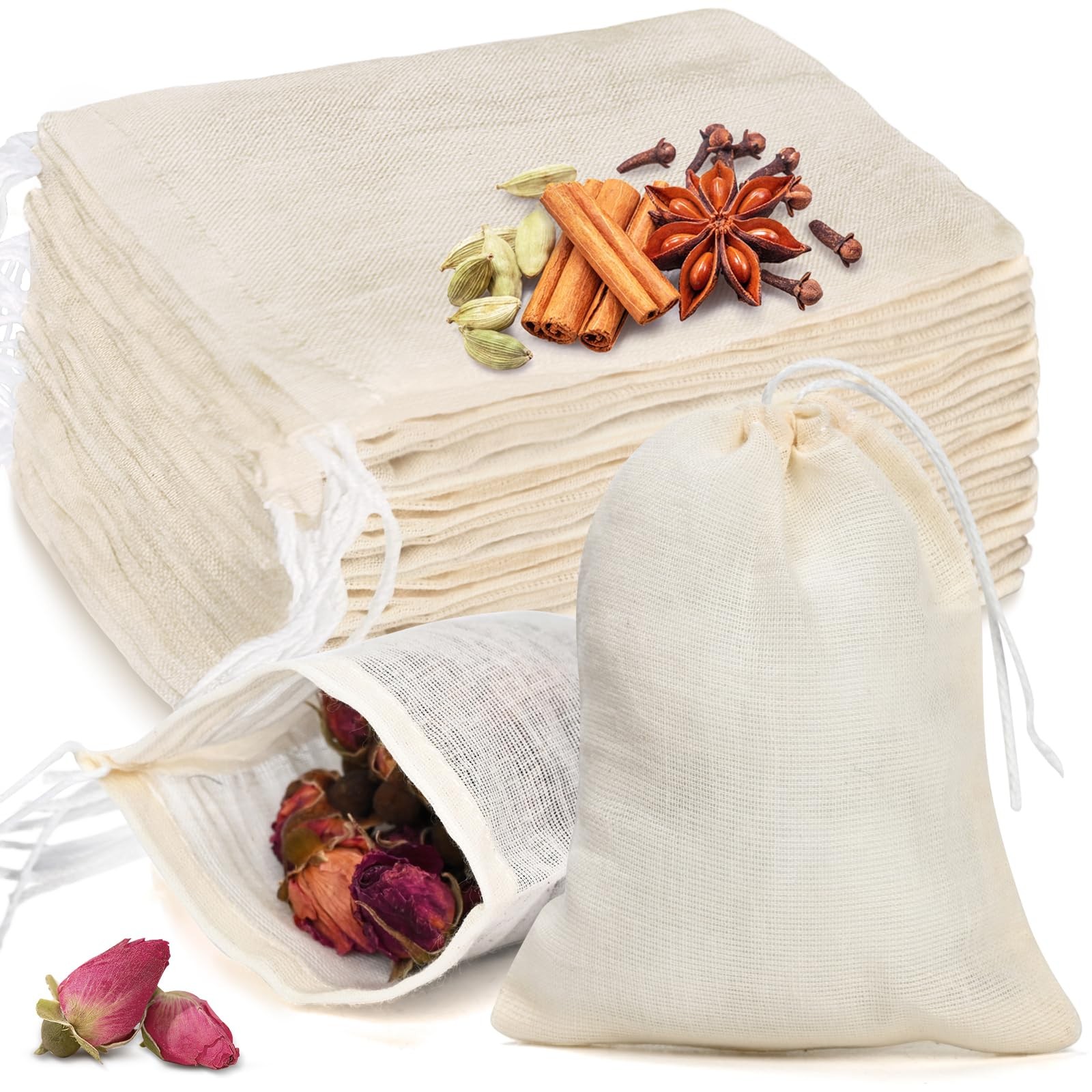 20 Pcs Muslin Bags with Drawstring, Reusable Tea Bags, 3 x 4 inches, White