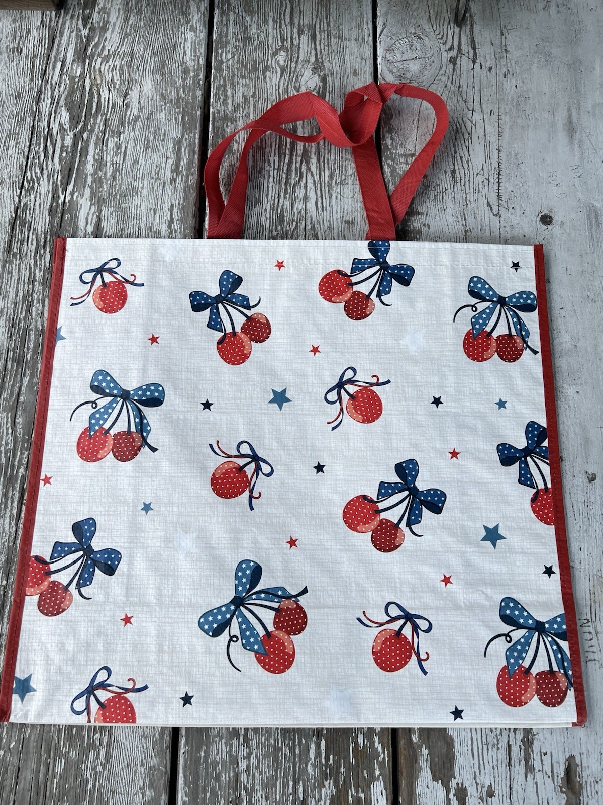 Cherry Red White Blue Shopping Gift Bag Reusable Large Tote Summer USA July 4th