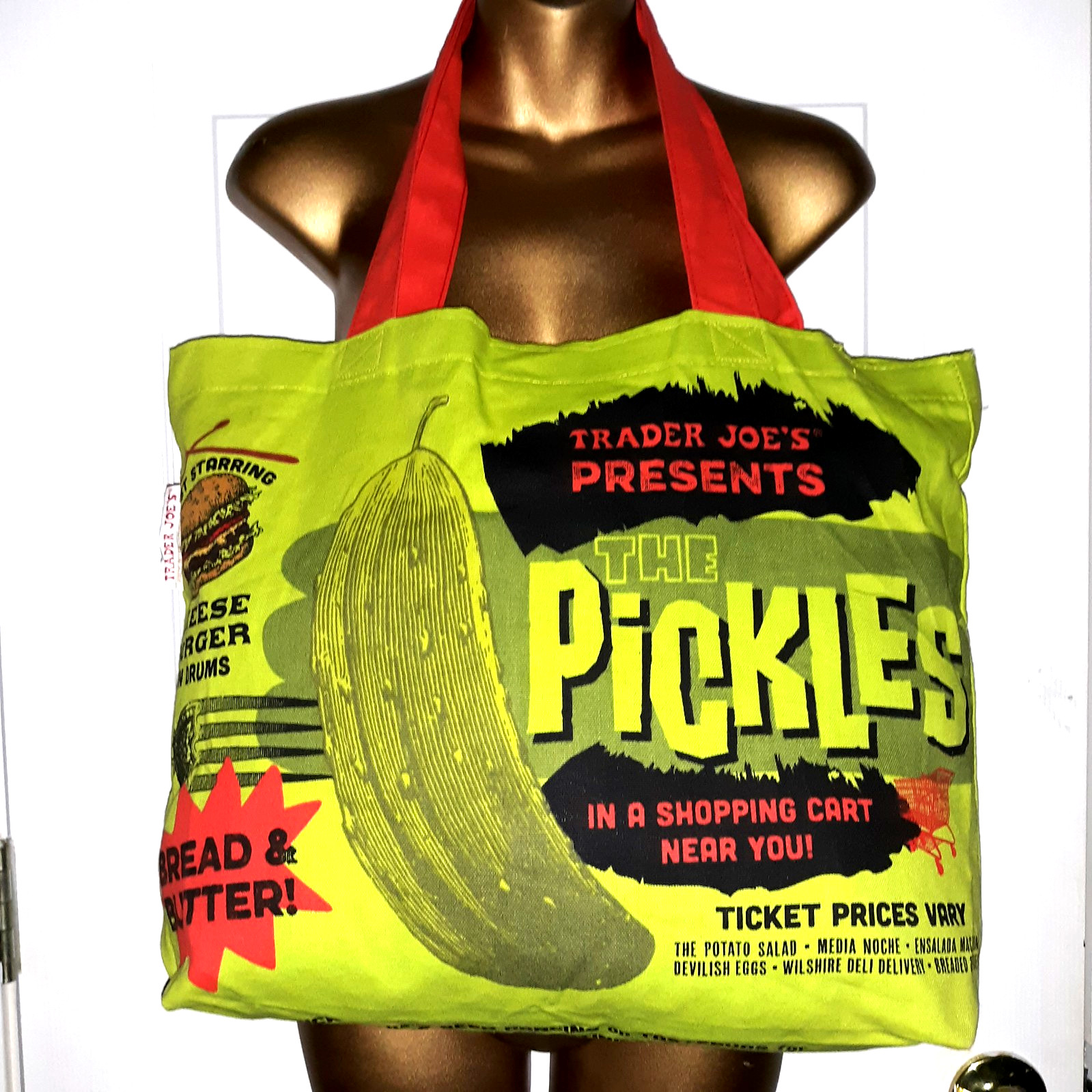 Trader Joe’s Reusable Canvas Shopping Tote The Pickles Print GroceryMarket 14×18