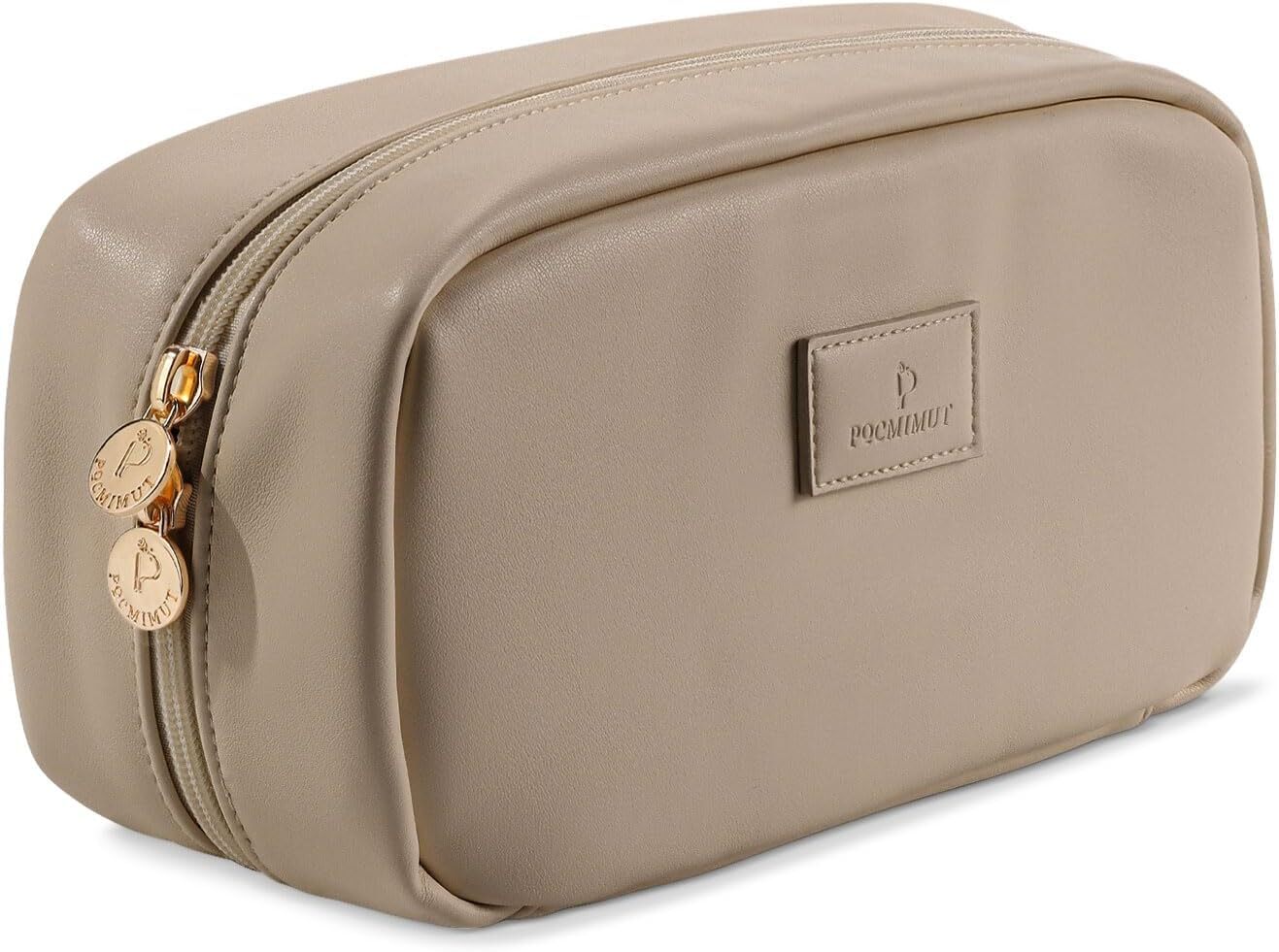Pocmimut Makeup Bag,PU Leather Travel Cosmetic Bag,Open Flat Large, Apricot