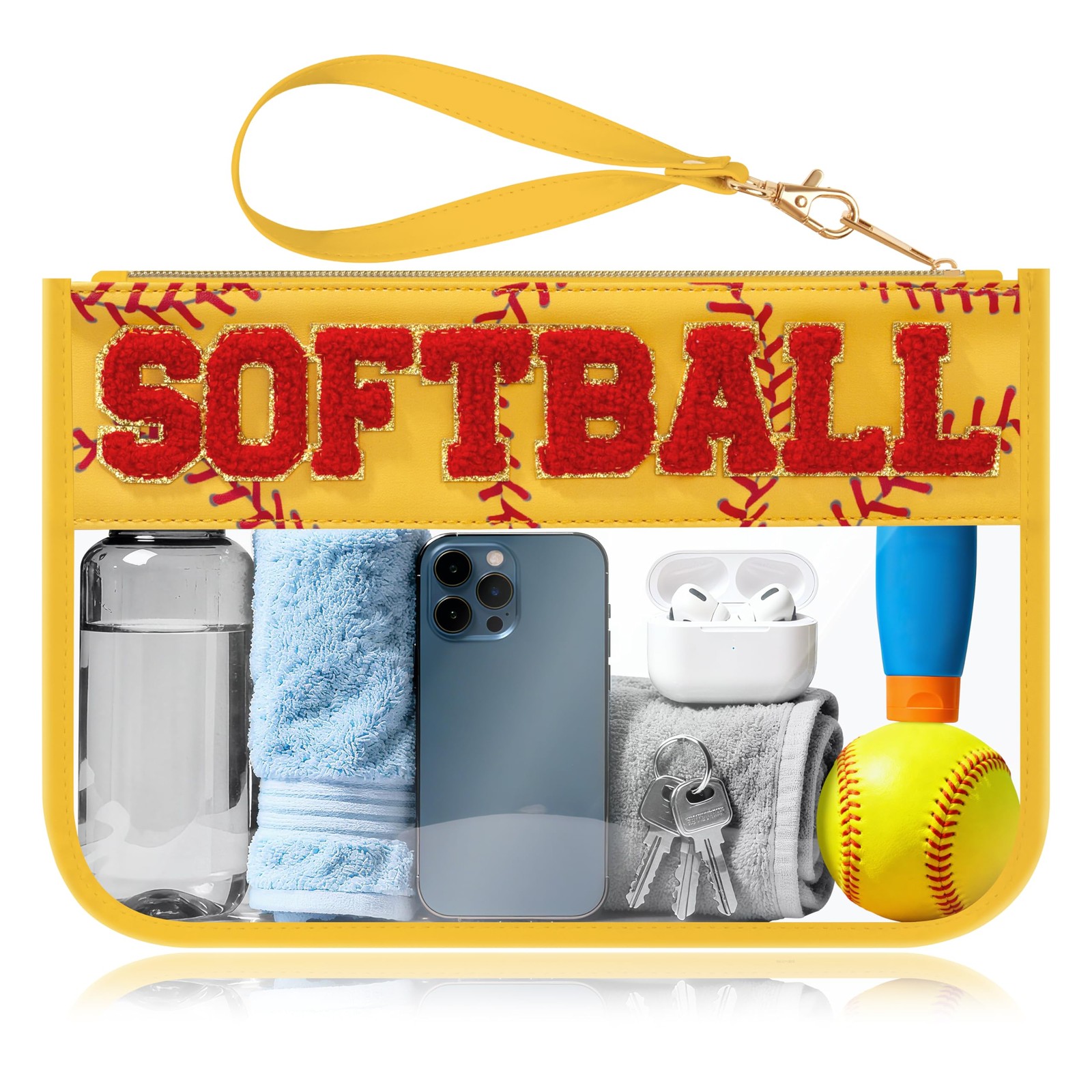 BuyCard Softball Gifts Makeup Bag with Chenille Letter Patch, Yellow-Softball