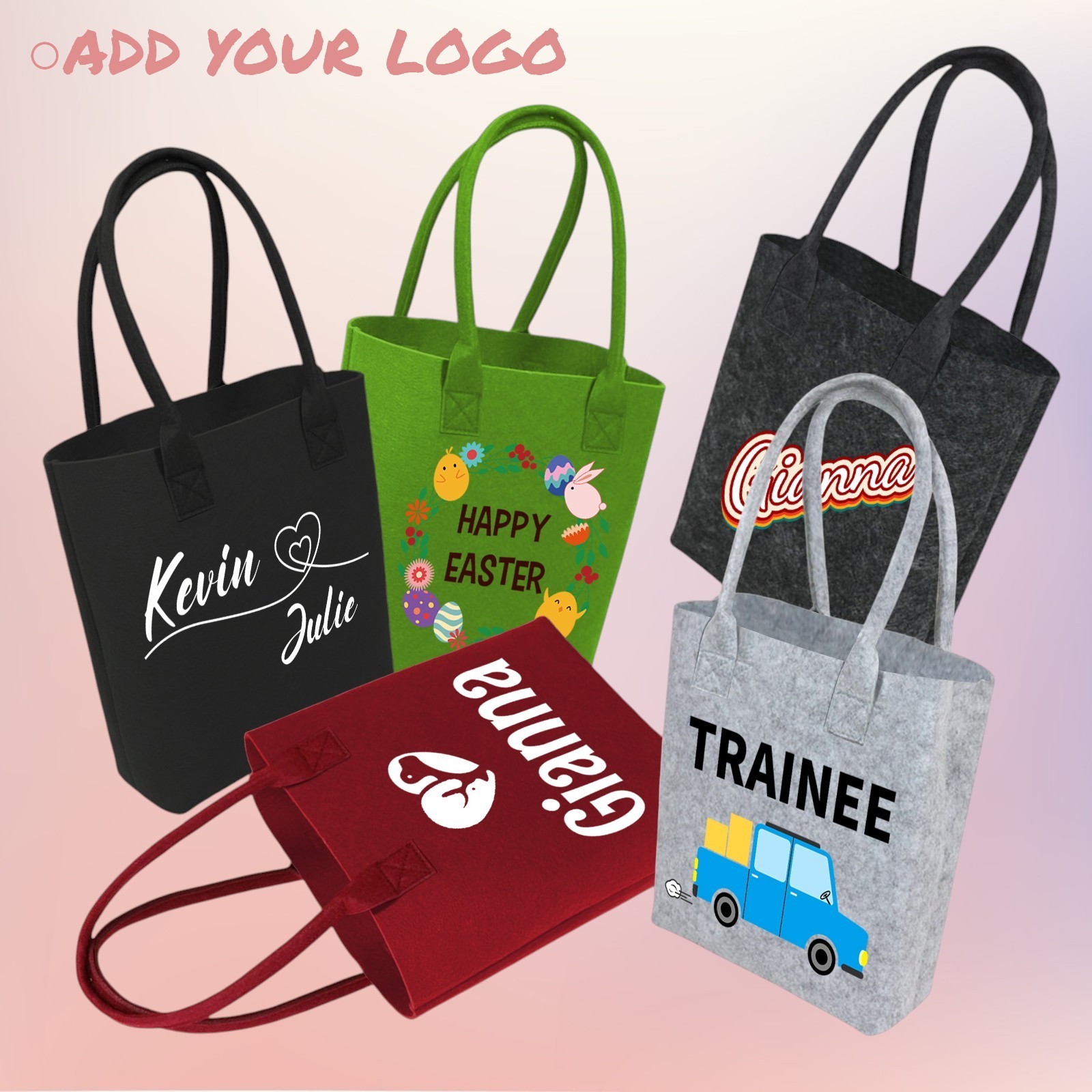 Custom Tote Bag with Handles PRINTED Personalized Felt Grocery Shopping Bags