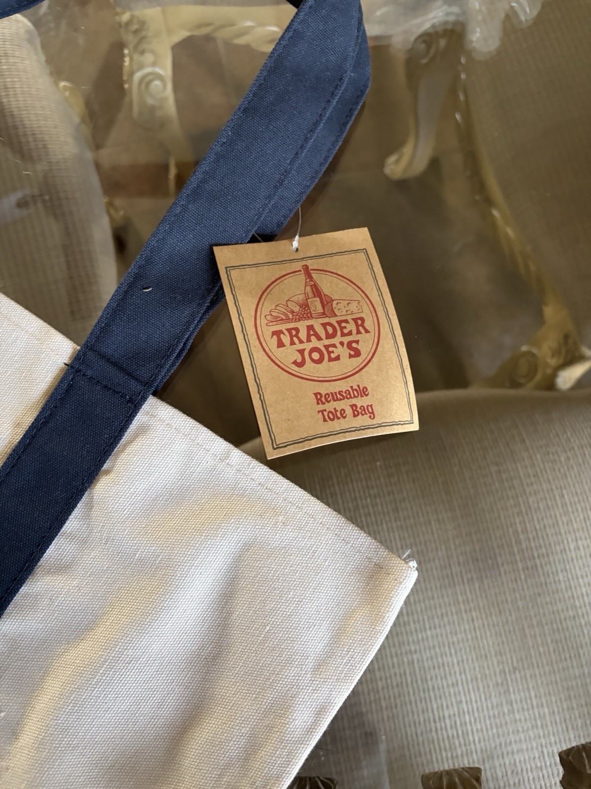 Trader Joe’s White and Navy Blue Foldable Reusable Tote Bag Cotton Polyester