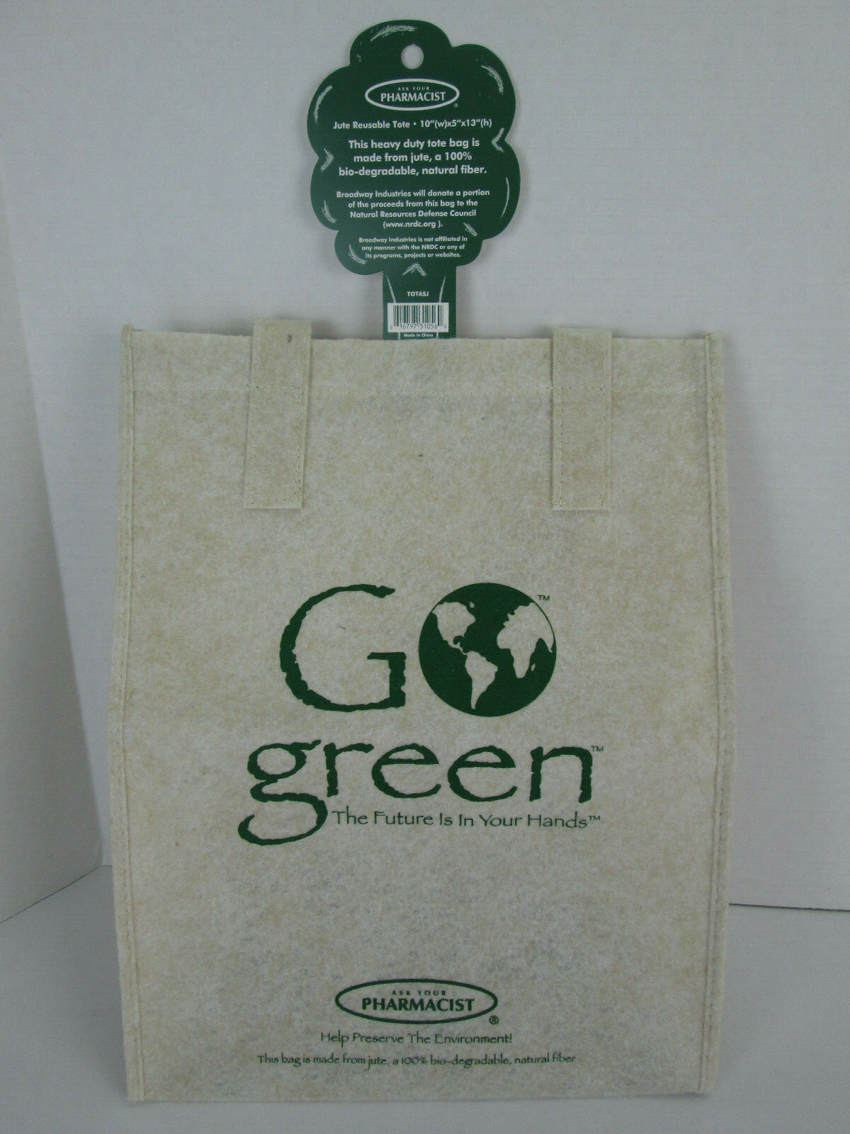 Lot of 2 New Go Green Jute Reusable Tote Bag 10″ x 5″ x 13″ Bio-degradable Fiber