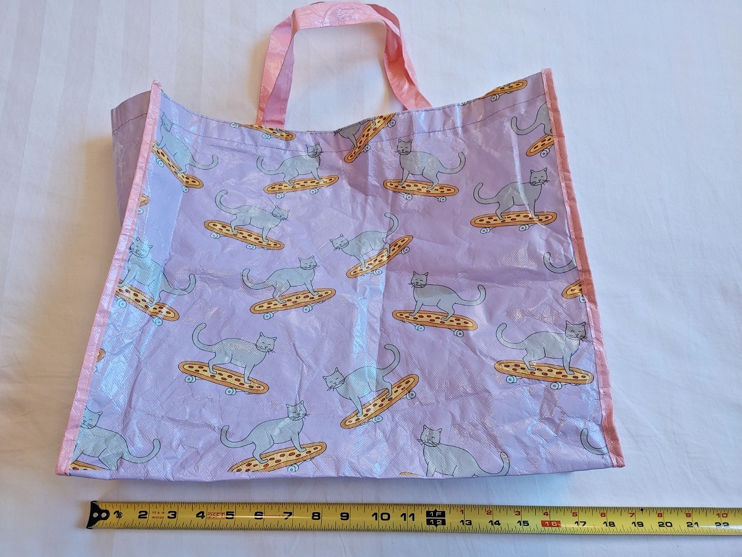 Cat Riding Pizza Skateboard FOREVER 21 Shopping Bag Pink Reusable Polypropylene