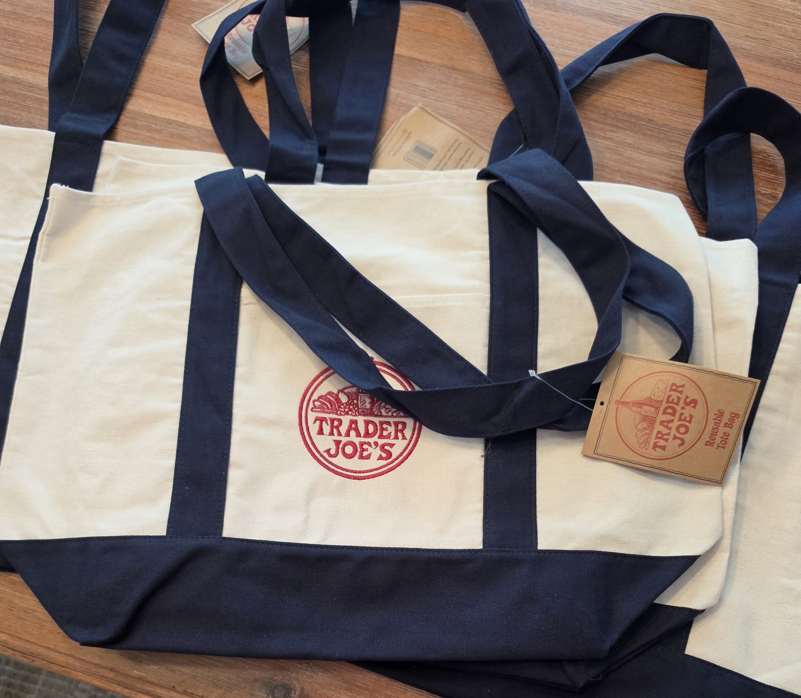 Trader Joe’s Canvas Reusable Tote Bag Navy Blue Cream Heavy Duty Shopper NWT