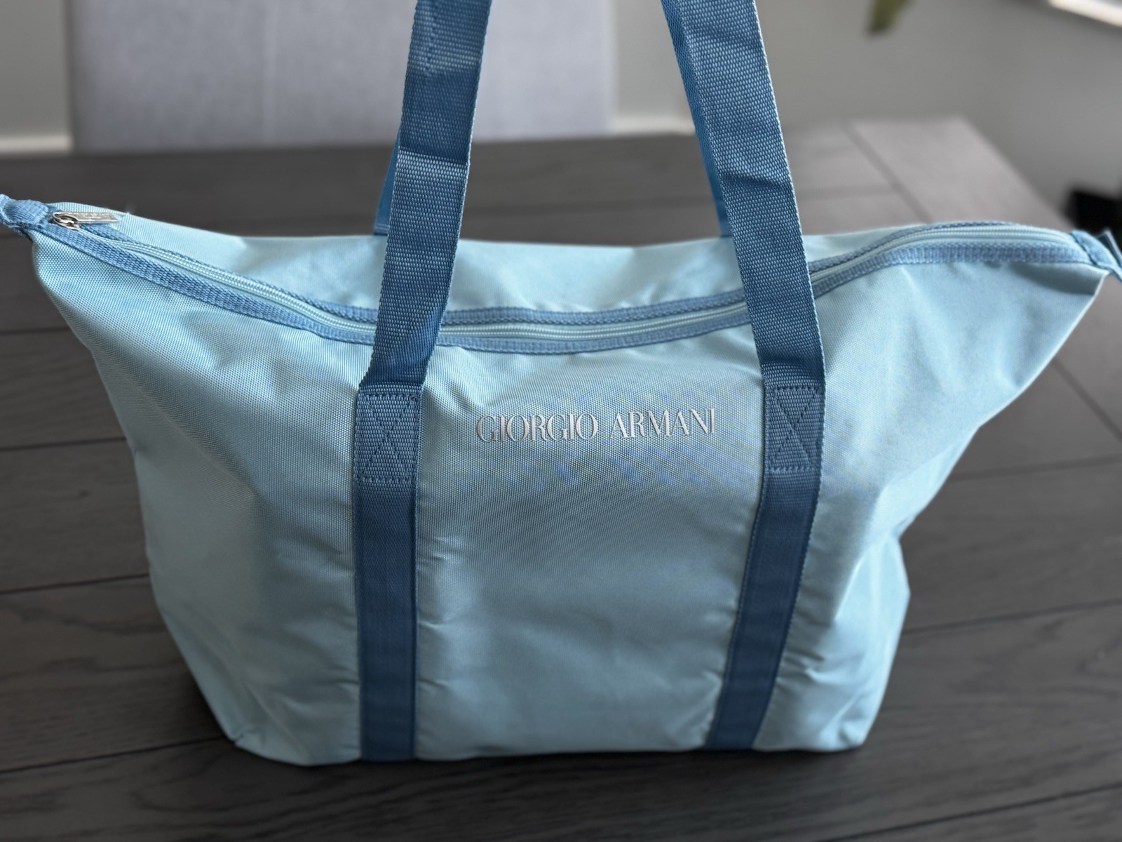 Giorgio Armani Luxury Nylon Large Tote Bag Light Blue Zipper Closure Limited