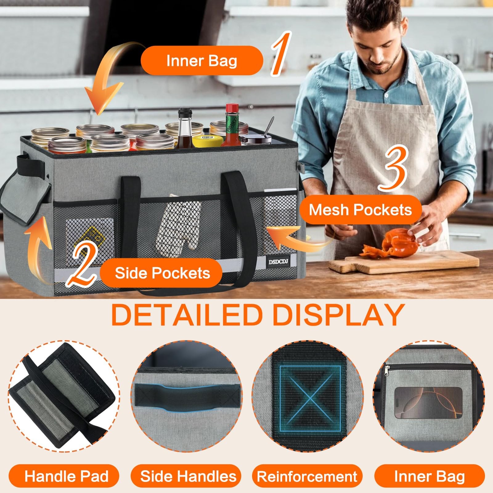 Upgrade Extra Large Utility Tote Bag with Reflective Strip, Standing Reusable Gr