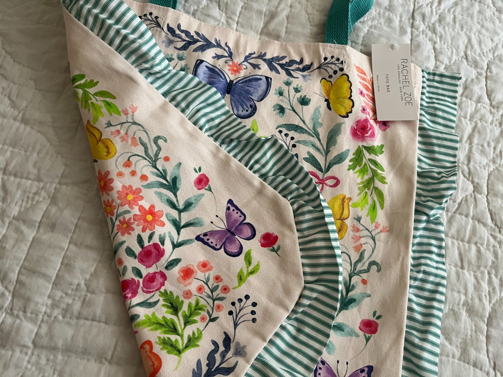 Rachel & Zoe Colorful Floral & Butterflies Cotton Canvas Tote Bag 16″ Square NEW
