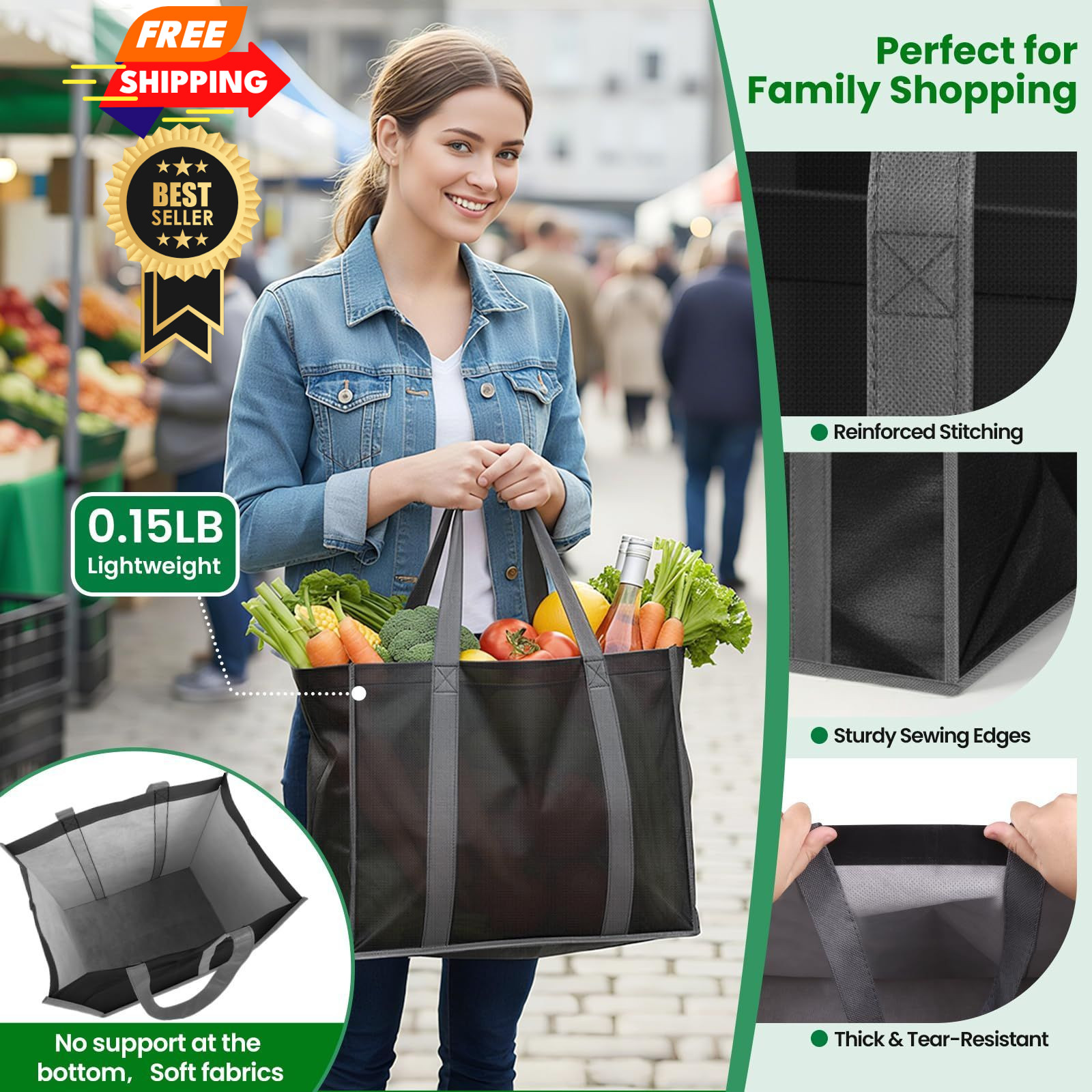 SpaceWhisper Reusable Grocery Bags with Long Handles [3 Pack] – 3 Pack, Black