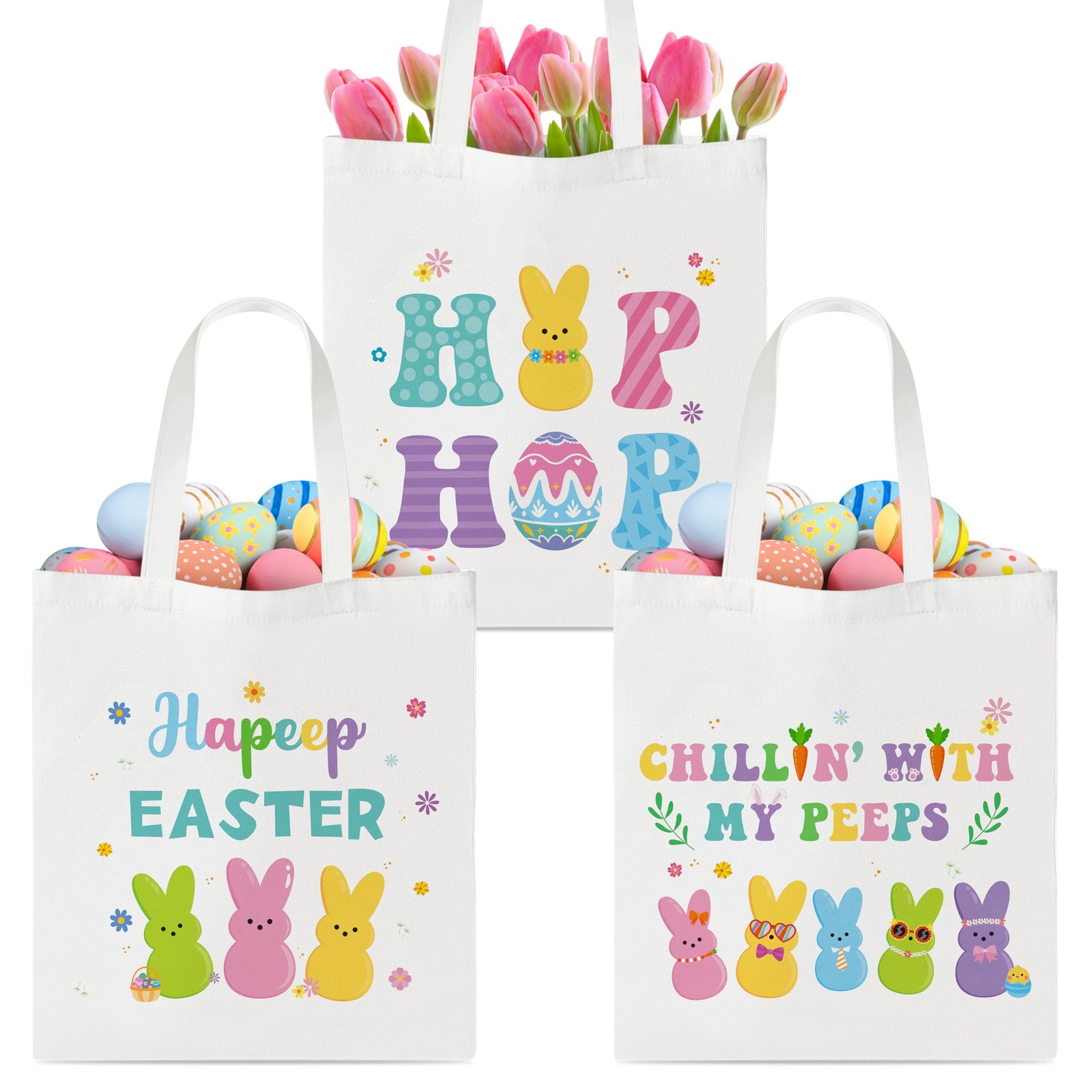 Easter Bunny Peep Gift Bags – 3Pcs Large Canvas Tote Bags with Handles, Funny…