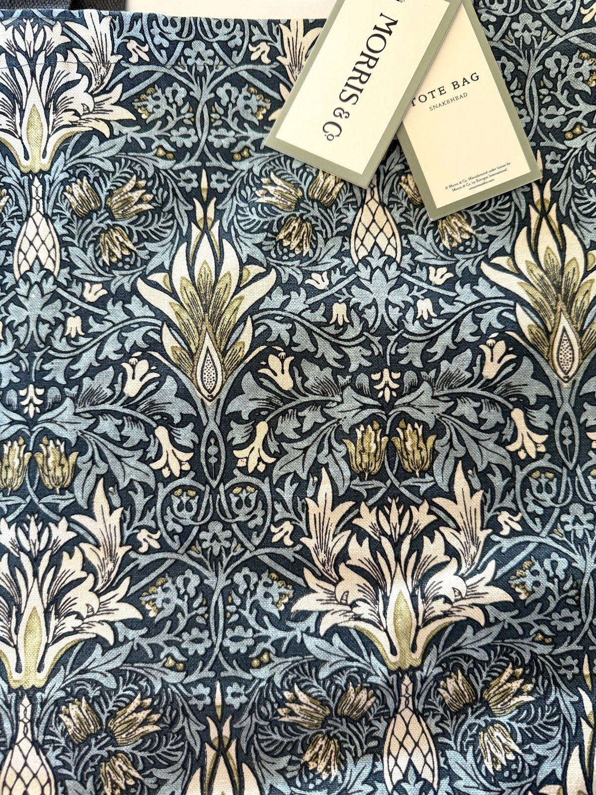 William Morris Canvas Tote Reusable Bag Snakehead Stickley Style Gray Blue Flora