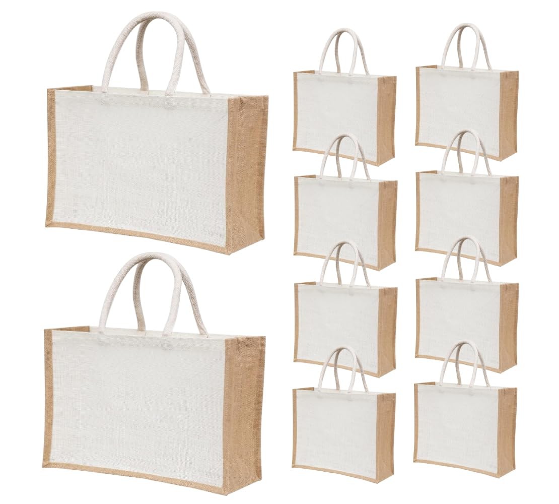 10 Pack Reusable Jute Burlap Tote Bags, 15.8X11.9X5.9 Inches, Eco-Friendly Sh…