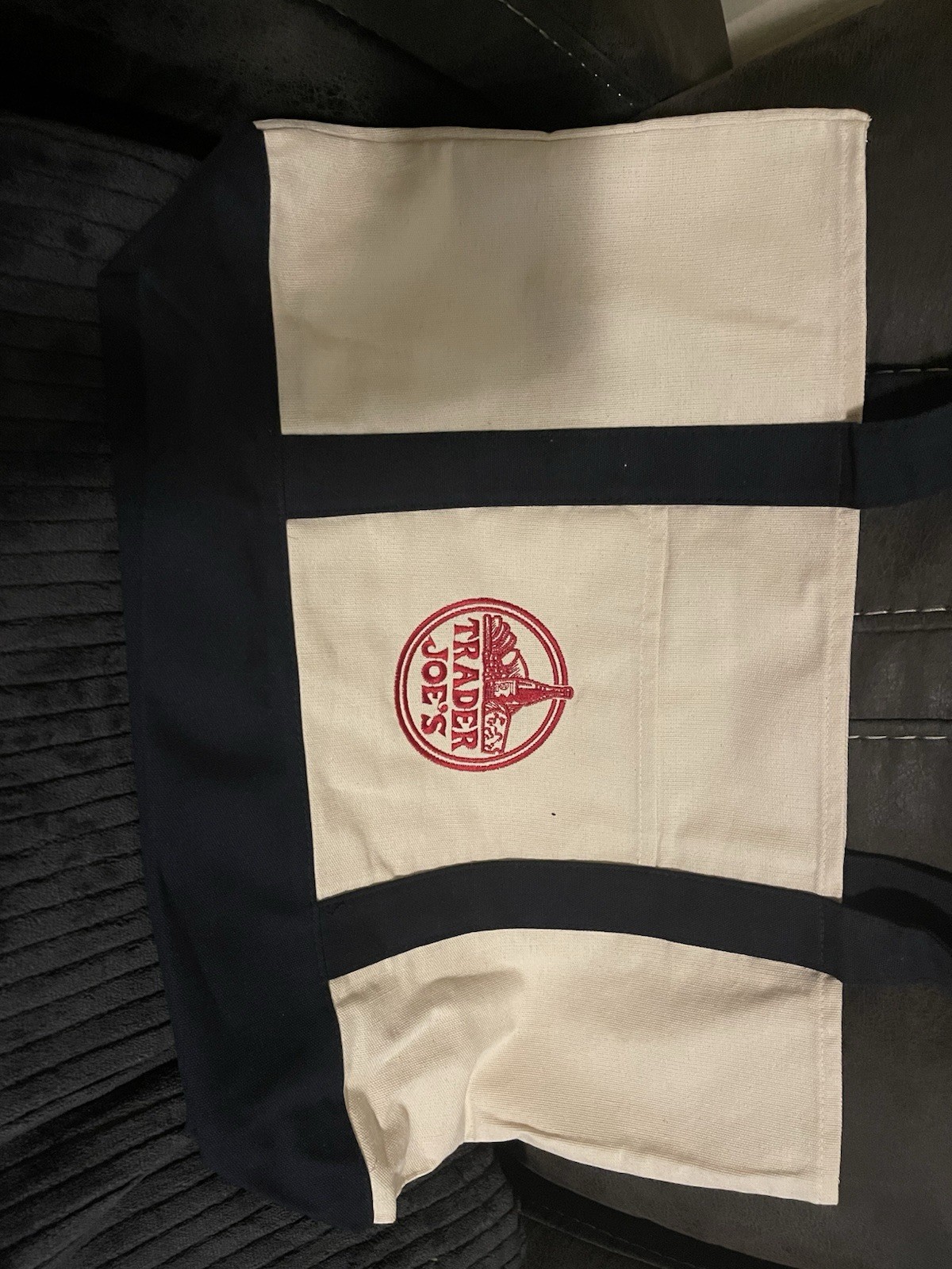 Trader Joe’s Reusable Shopping Bag Canvas Foldable Beige Black Red Solid Tote