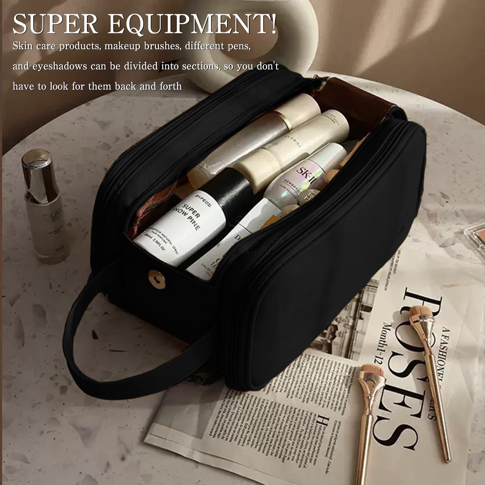 Cozomga 3 Tier Large Capacity Cosmetic Makeup Bag with Double Zipper Black