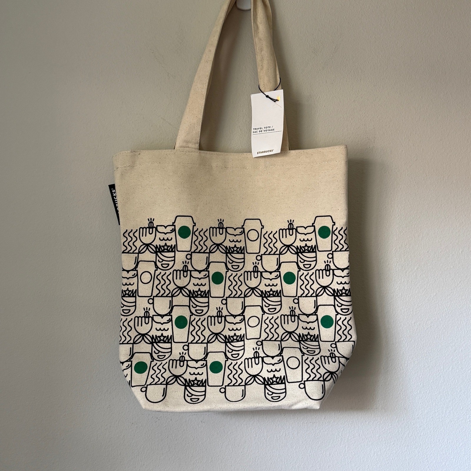 Starbucks Canvas Travel Tote Bag Cream Green Coffee Cup Doodle Print NWT 2017