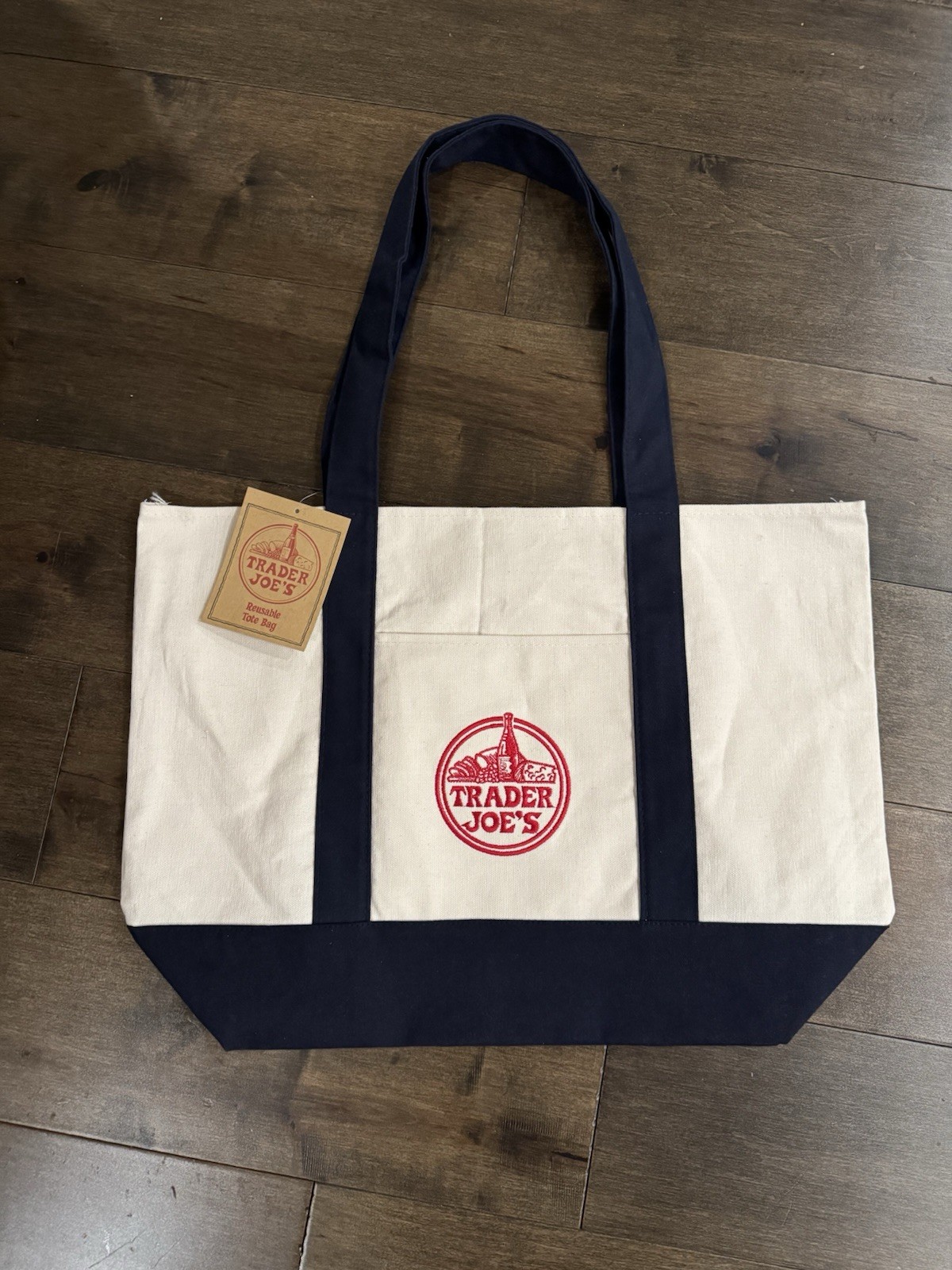 Authentic Trader Joe’s Reusable Canvas Eco Tote Bag Heavy Duty Bag Blue White