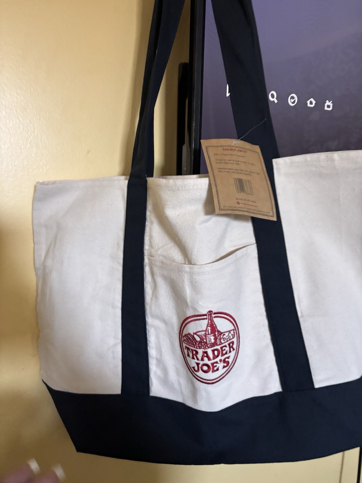 Trader Joe’s Foldable Reusable Shopping Bag Beige Navy Blue Cotton Polyester