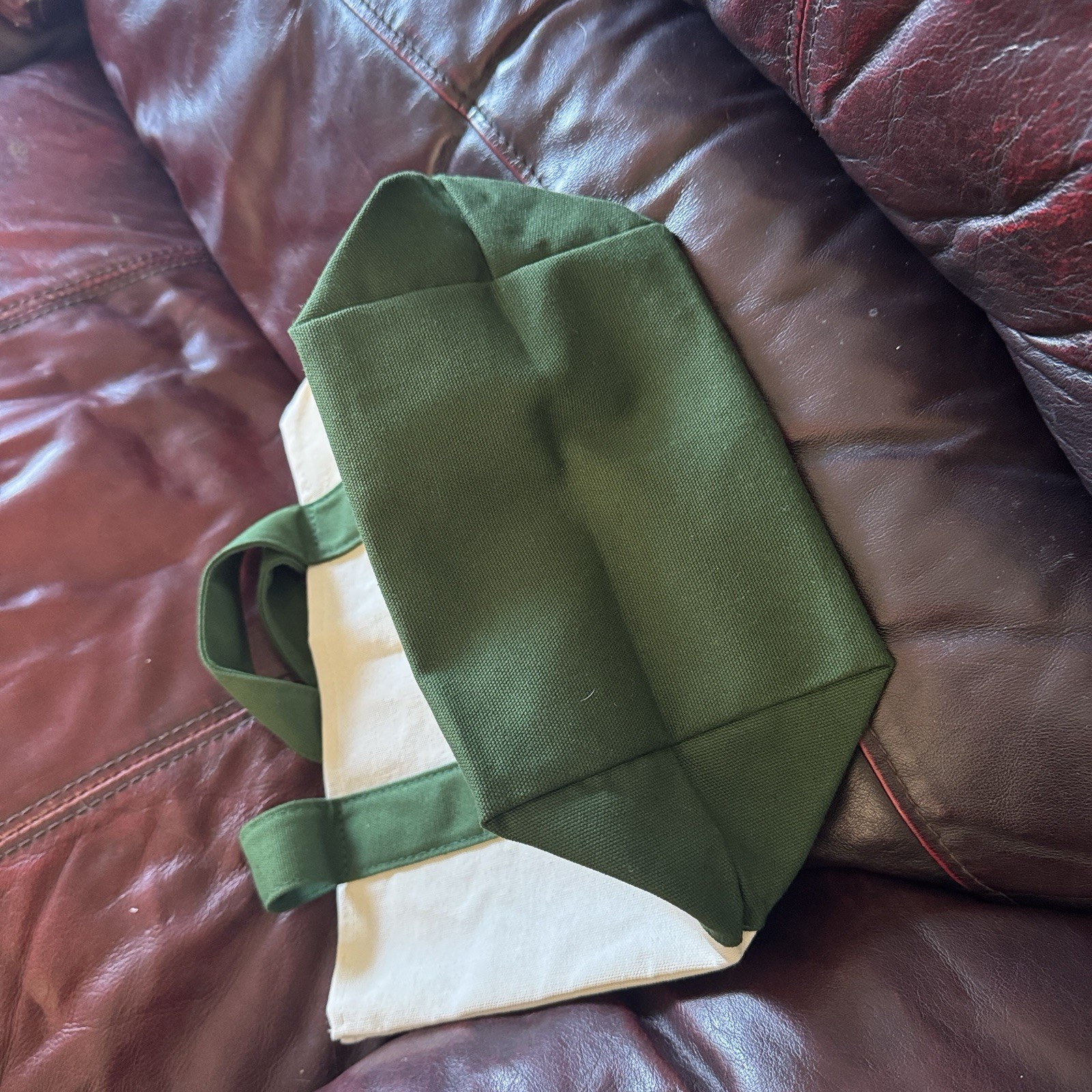 Trader Joe’s Canvas Tote Reusable Foldable Bag Green & White, Red Lettering