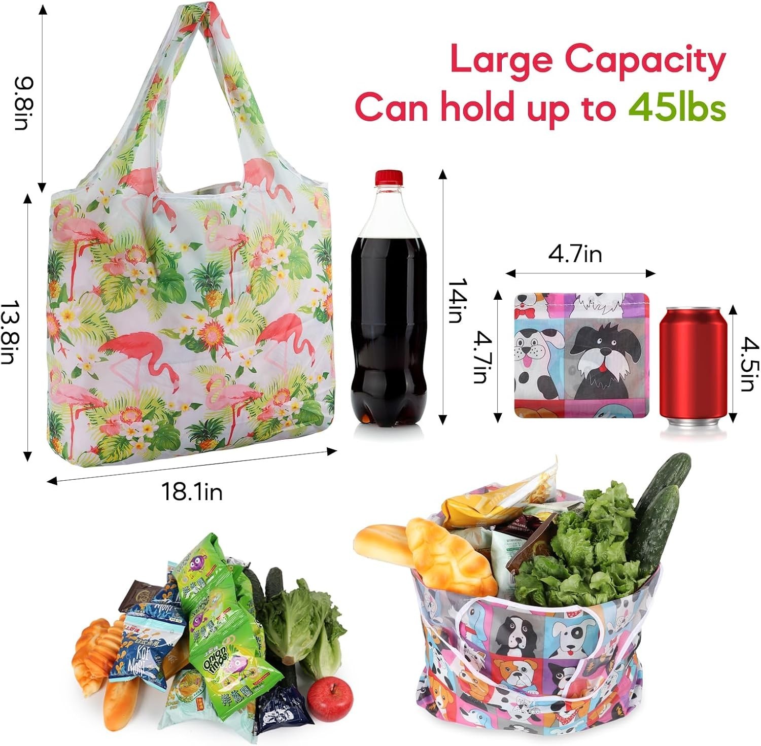 Eco-Friendly Foldable Grocery Shopping Bags – 6 Pack with Trendy Animal Prints