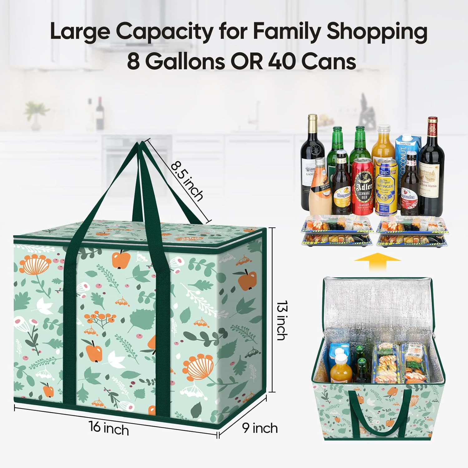 2Pk Insulated Reusable Grocery Bags, Collapsible Cooler Bag for Groceries, Heavy