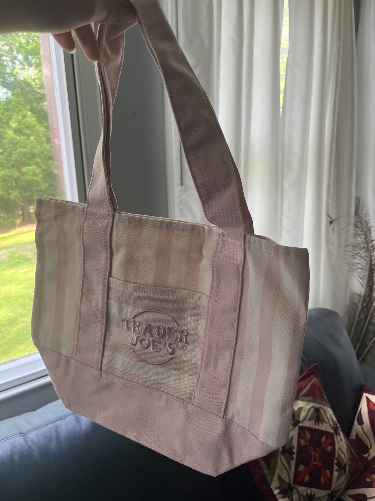 trader joe’s pastel stripe mini tote bags set of 2!! beige and pink!!!