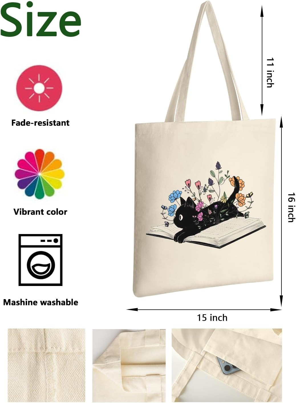 Cute Cat Book Canvas Tote Bag for Women Reusable Cotton Grocery Bag Beach Totes